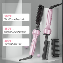 DAN Technology hot comb pink heat setting display shows adjustable temperature options for different hair types.