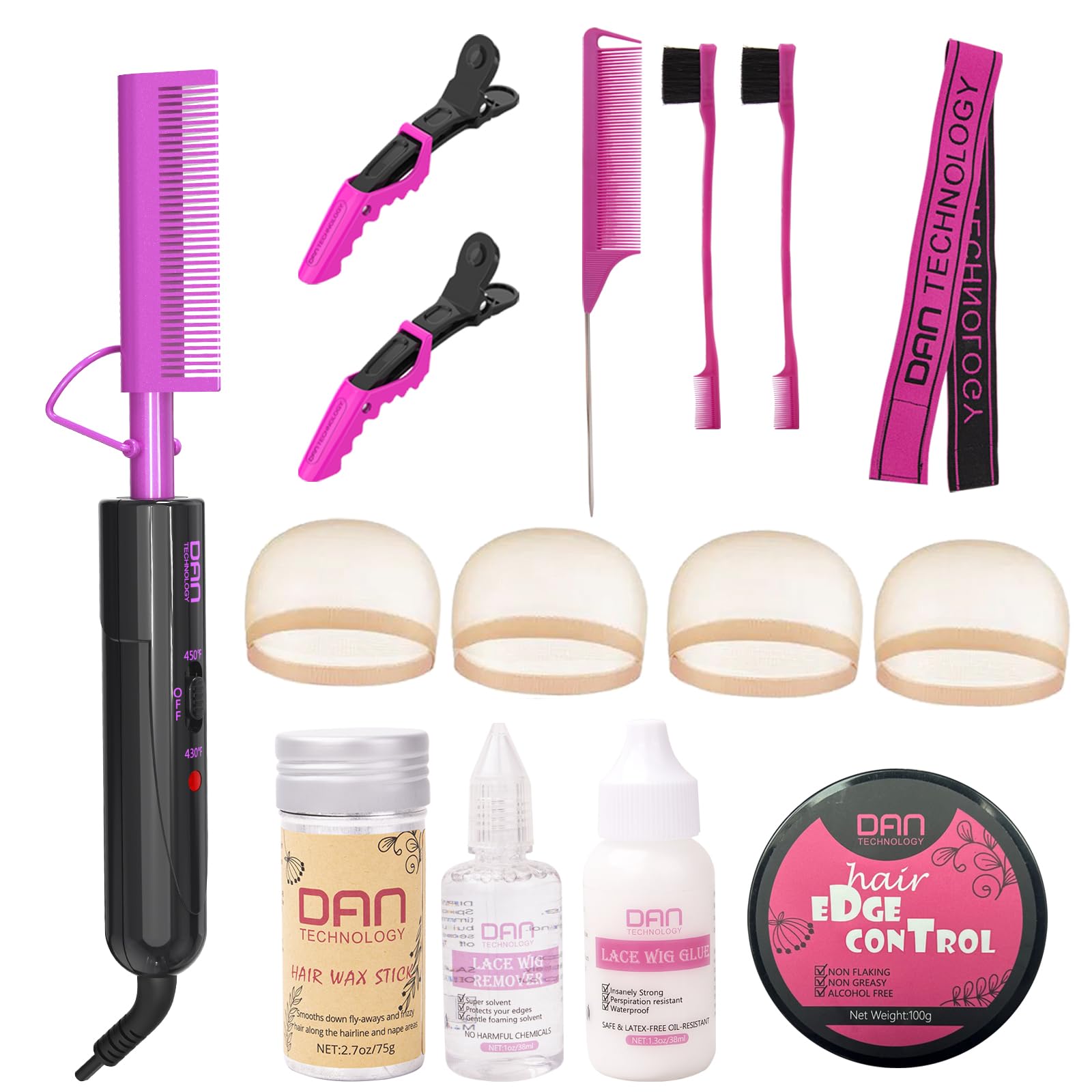 DAN Technology hot comb set close-up highlighting ceramic glaze for frizz control and silky shine.