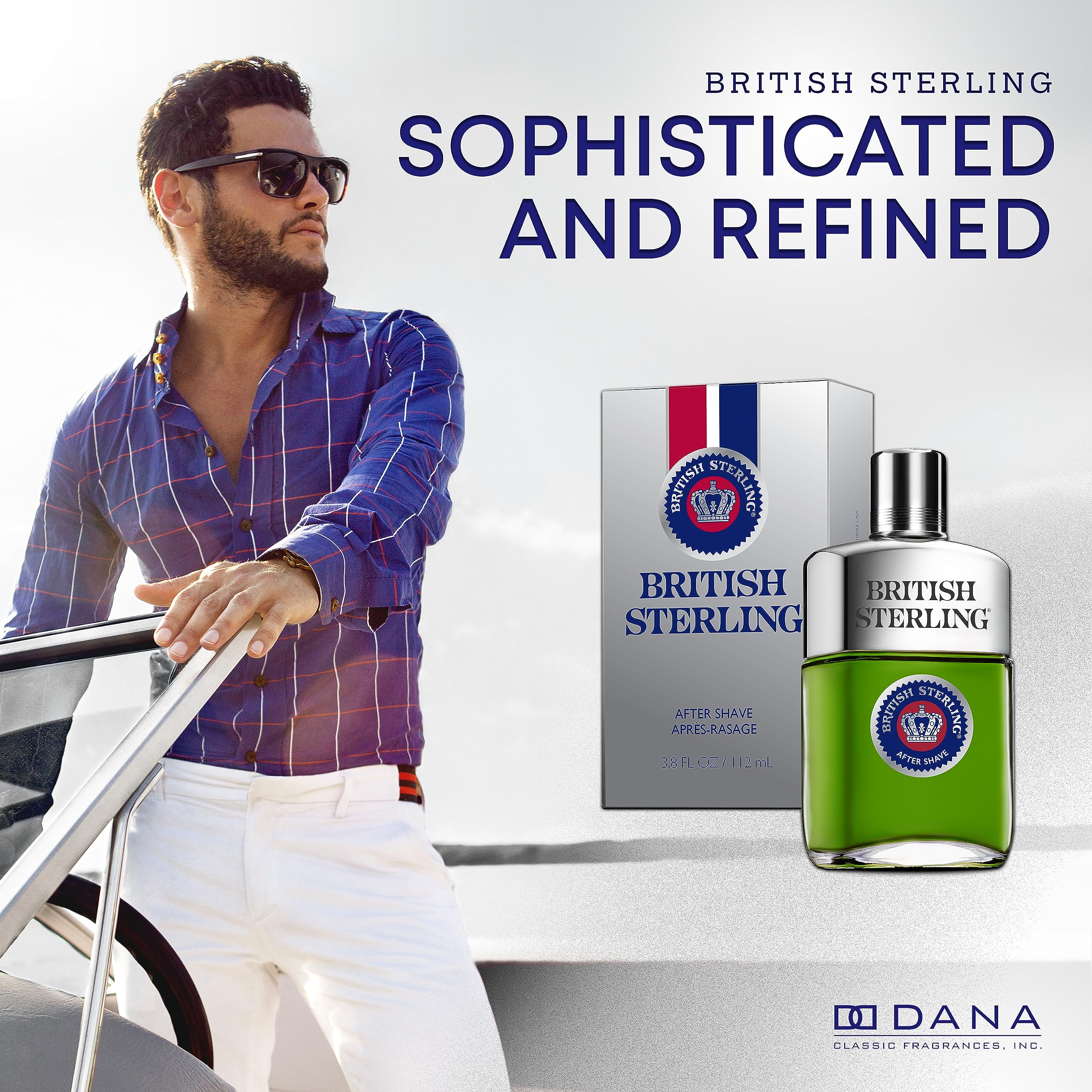 Dana British Sterling Aftershave label closeup highlights premium ingredients and heritage