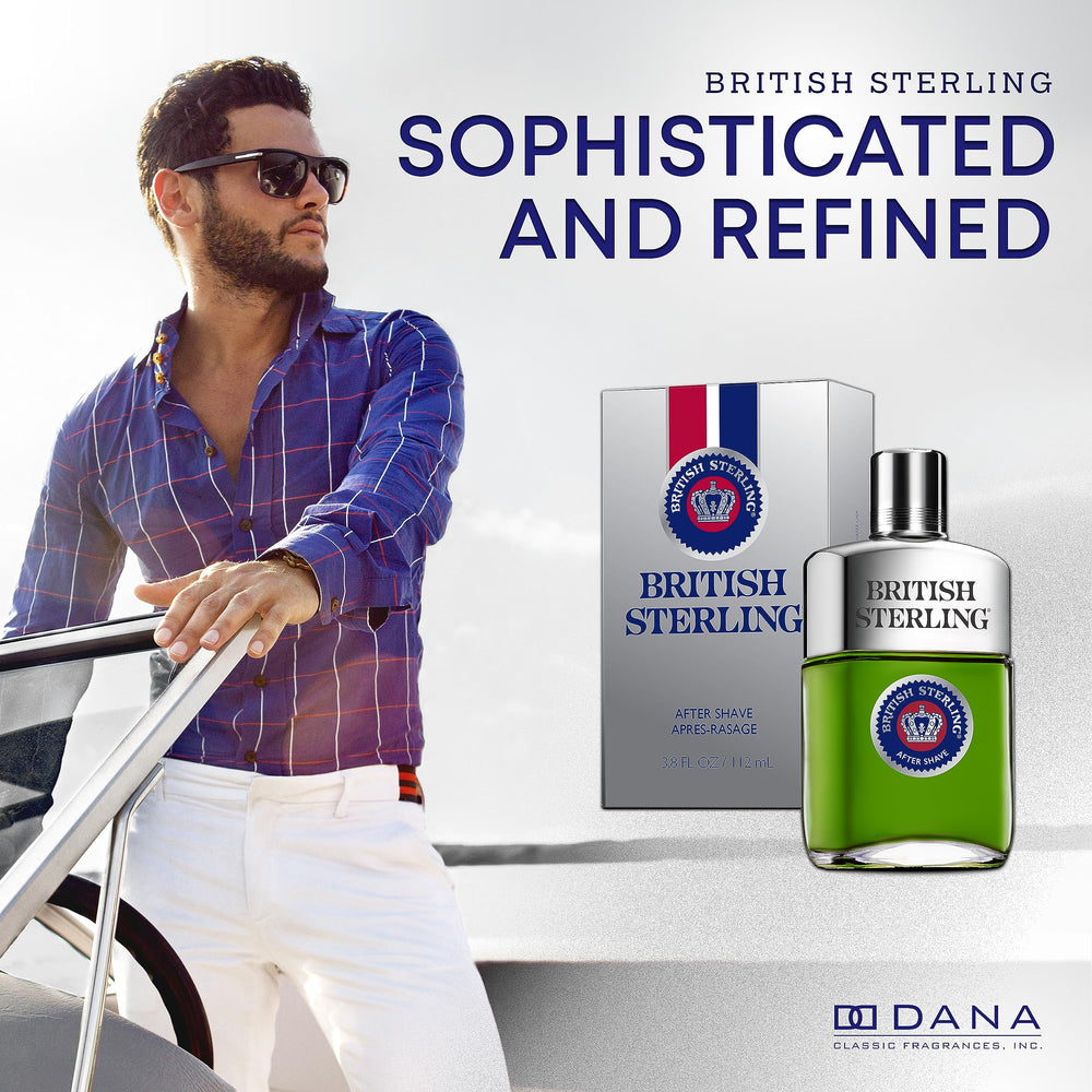 Dana British Sterling Aftershave label closeup highlights premium ingredients and heritage