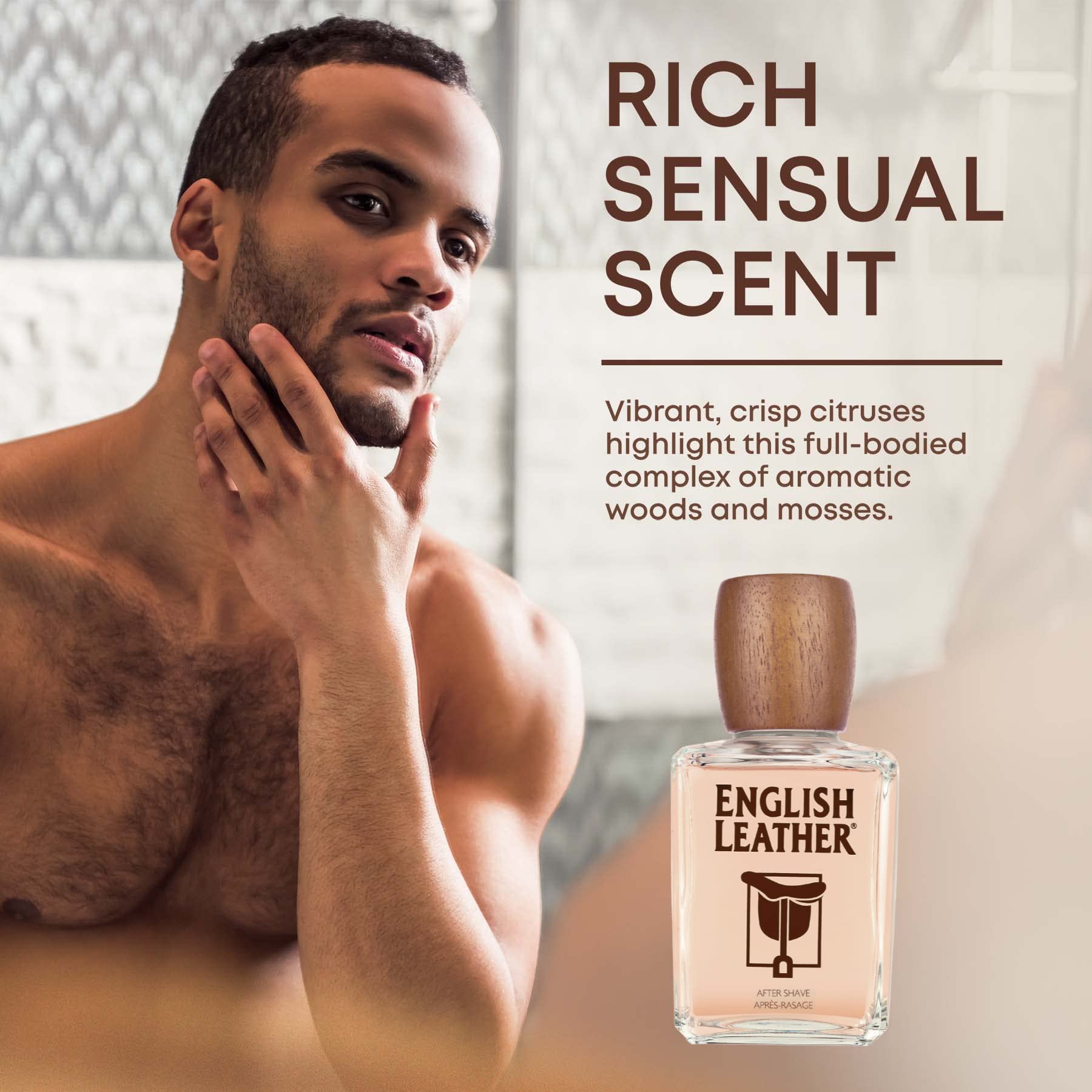 Dana English Leather Aftershave Splash base notes of sandalwood and musk linger gracefully.