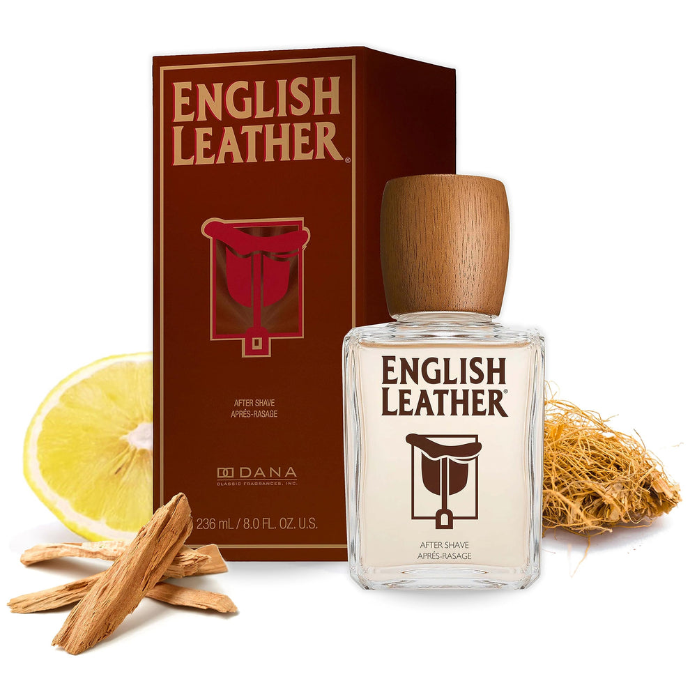Dana English Leather Aftershave Splash bottle on a clean vanity for lasting masculine presence.