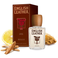Dana English Leather Aftershave Splash bottle on a clean vanity for lasting masculine presence.