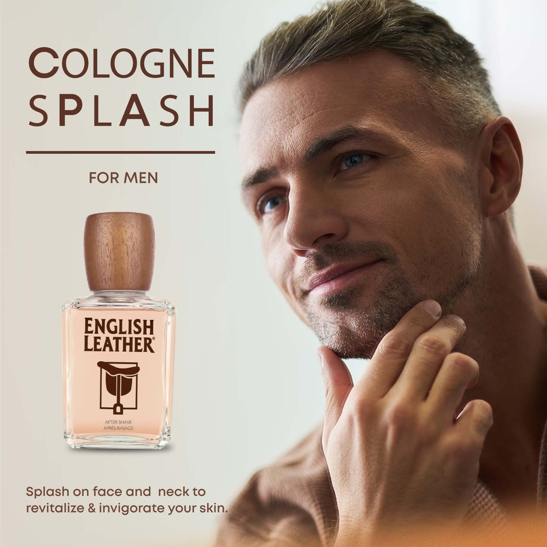 Dana English Leather Aftershave Splash heart notes of leather, oakmoss, and vetiver project bold character.