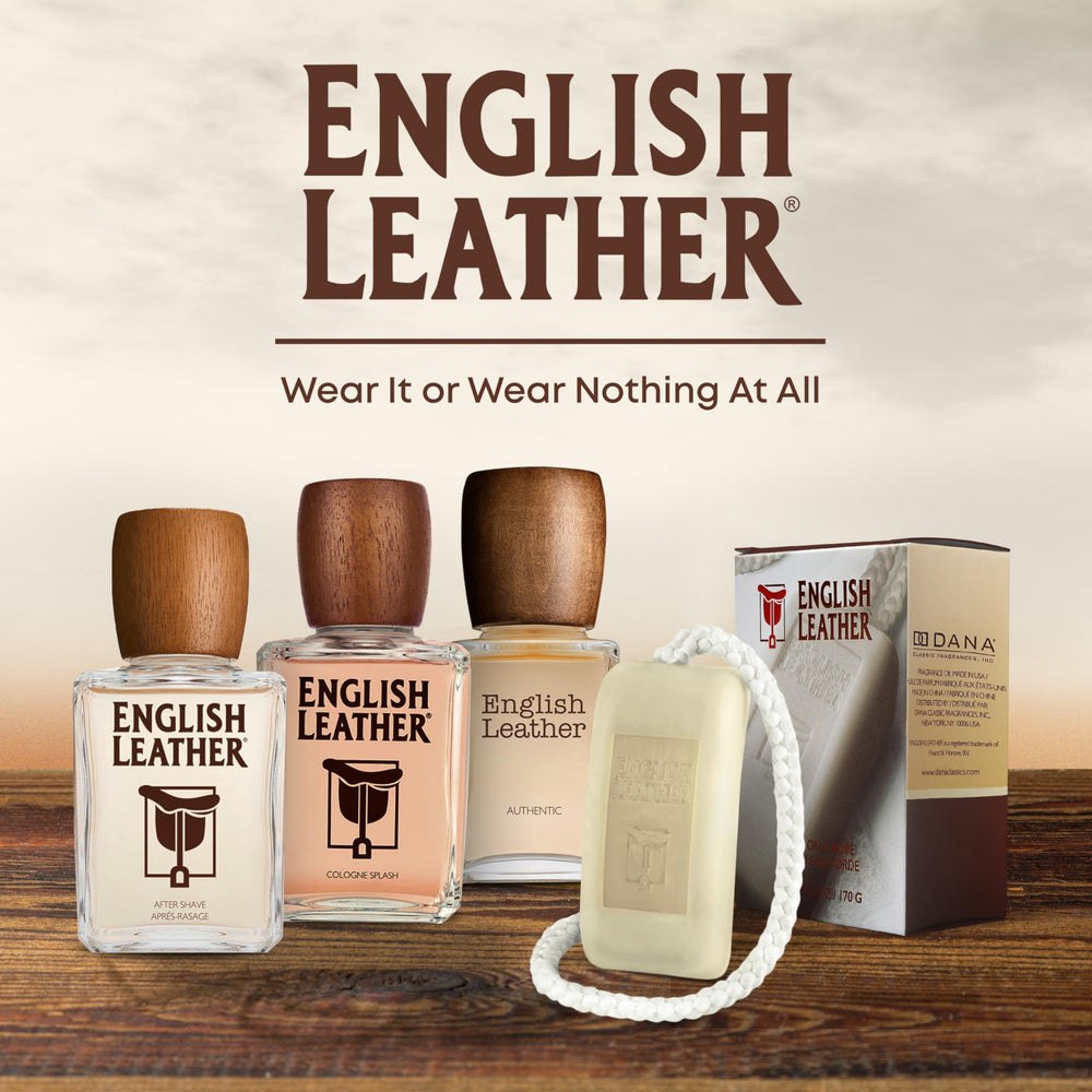 Dana English Leather Aftershave Splash lifestyle scene emphasizes travel-ready evenings.