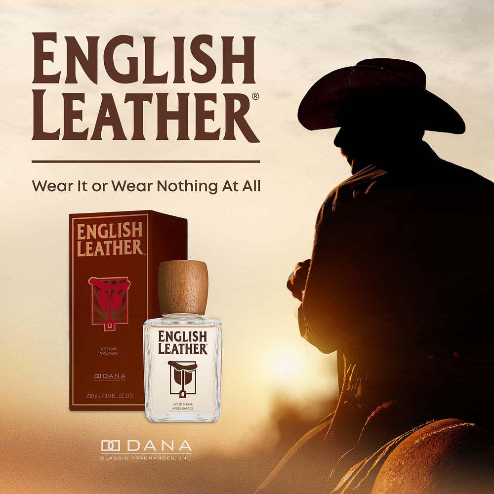 Dana English Leather Aftershave Splash applied to skin for daily grooming with long-lasting scent.