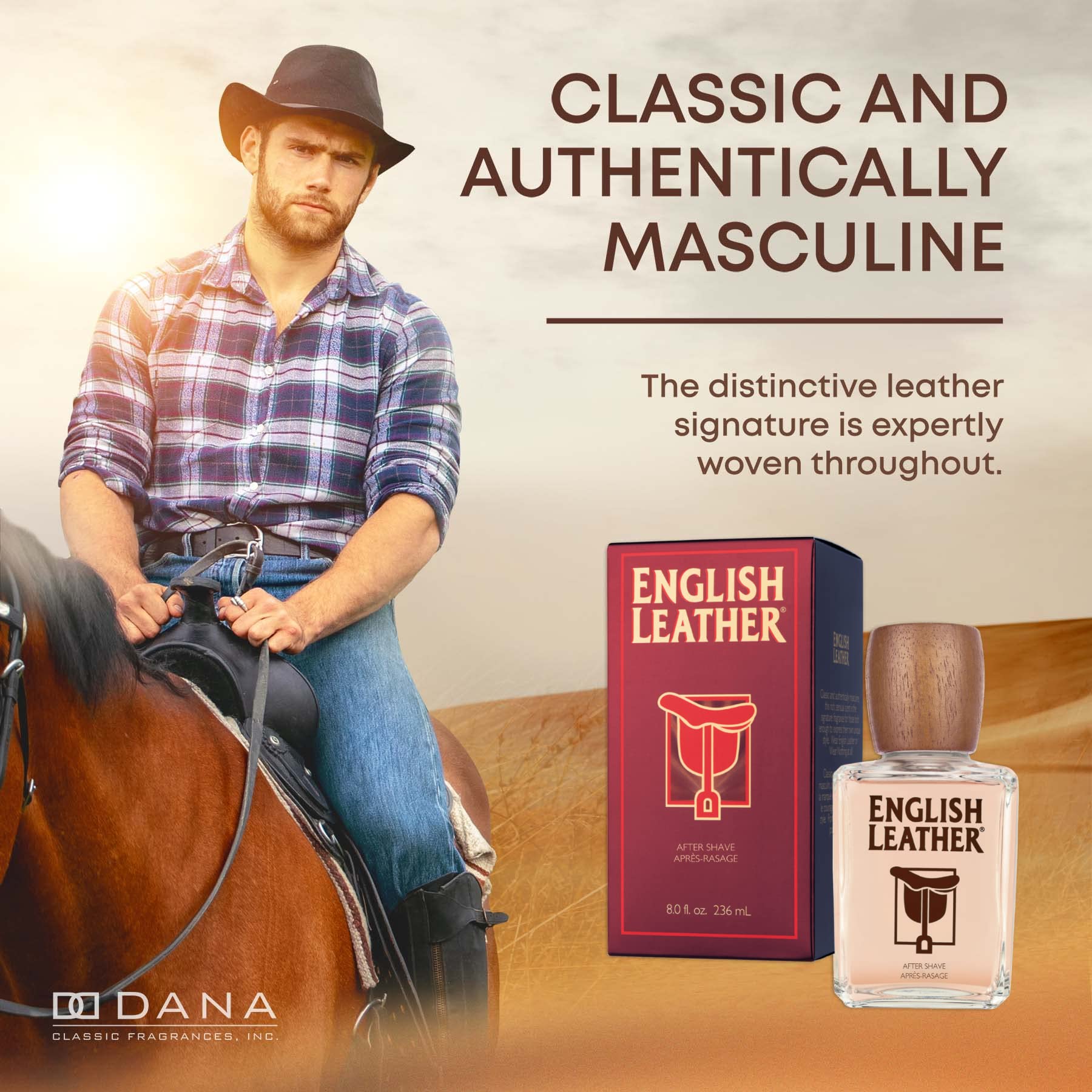 Dana English Leather Aftershave Splash top notes of bergamot and kaffir lime evoke crisp daytime freshness.