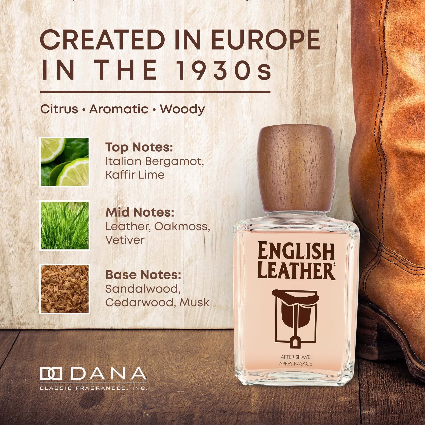 Dana English Leather Aftershave Splash travel-sized bottle highlights compact, on-the-go use.
