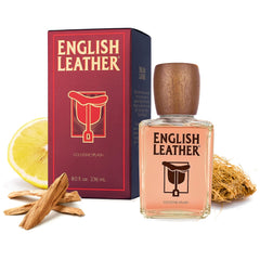 Dana English Leather Cologne bottle closeup shows premium packaging and masculine scent.