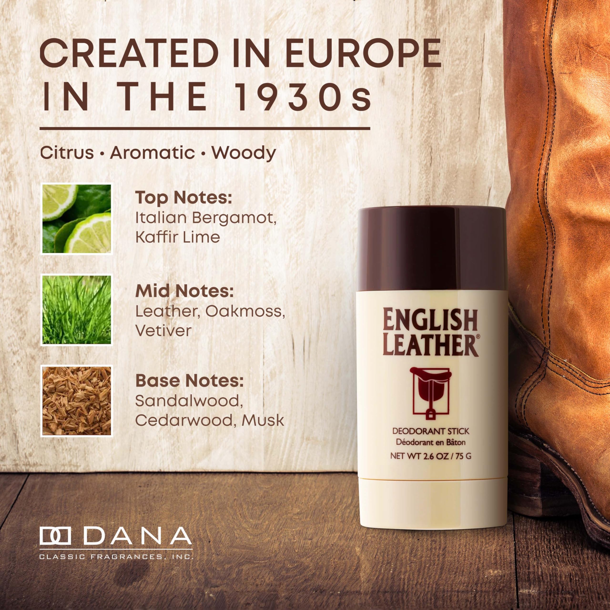 Dana English Leather 75 g stick demonstrates compact, travel-ready size.