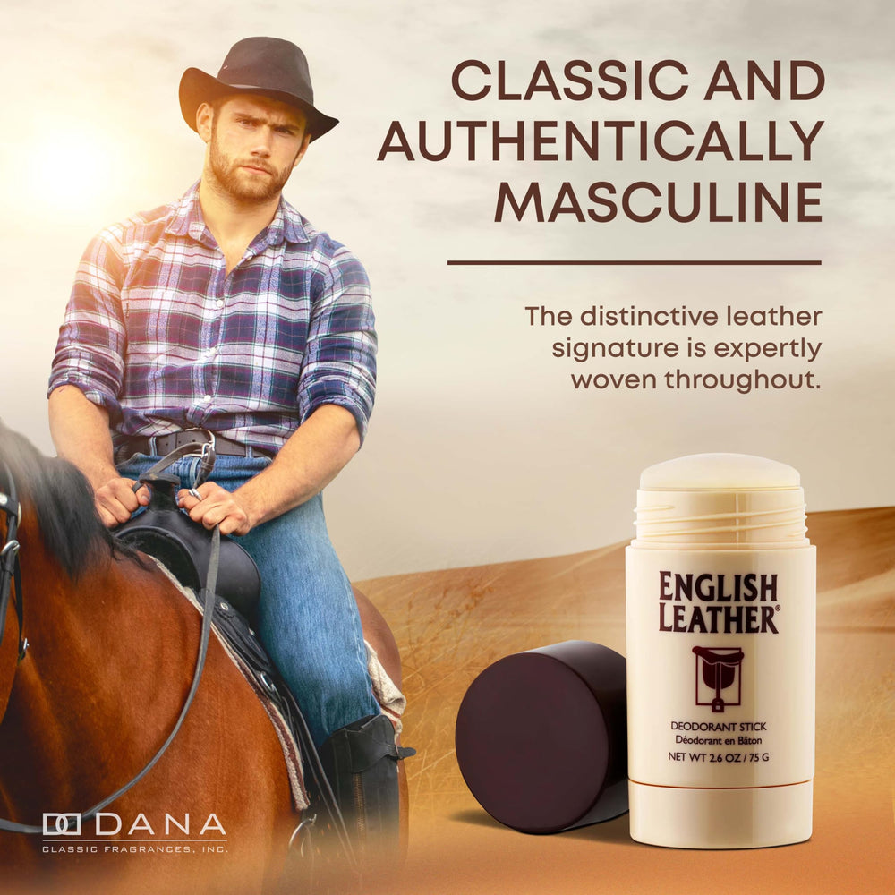 Dana English Leather label detail shows paraben-free, skin-friendly formula.