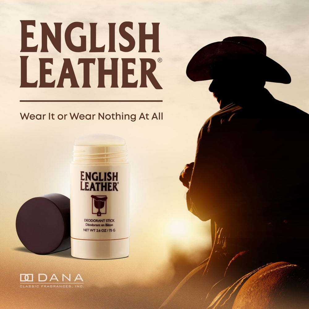 Dana English Leather deodorant stick application demonstrates smooth glide and odor protection.
