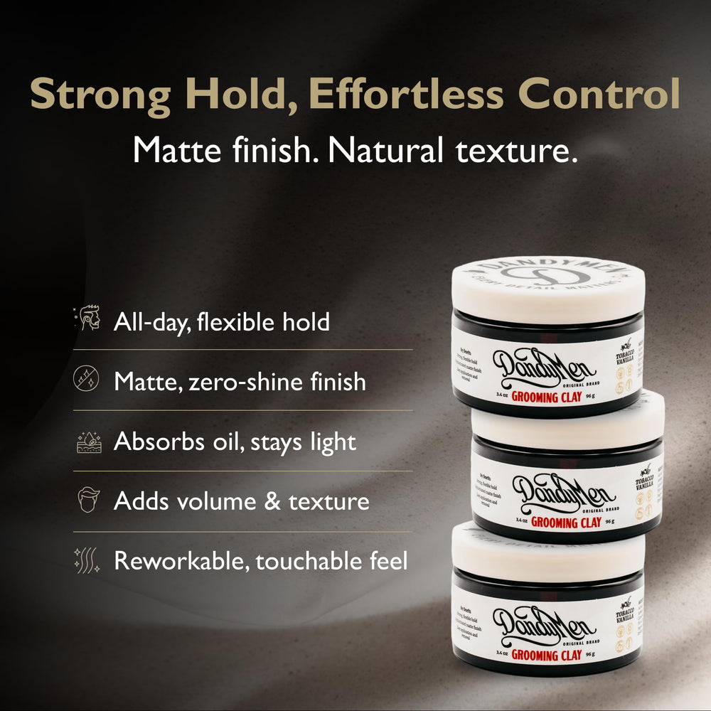 DandyMen Grooming Clay hair application demonstrates easy texture and flexible hold.