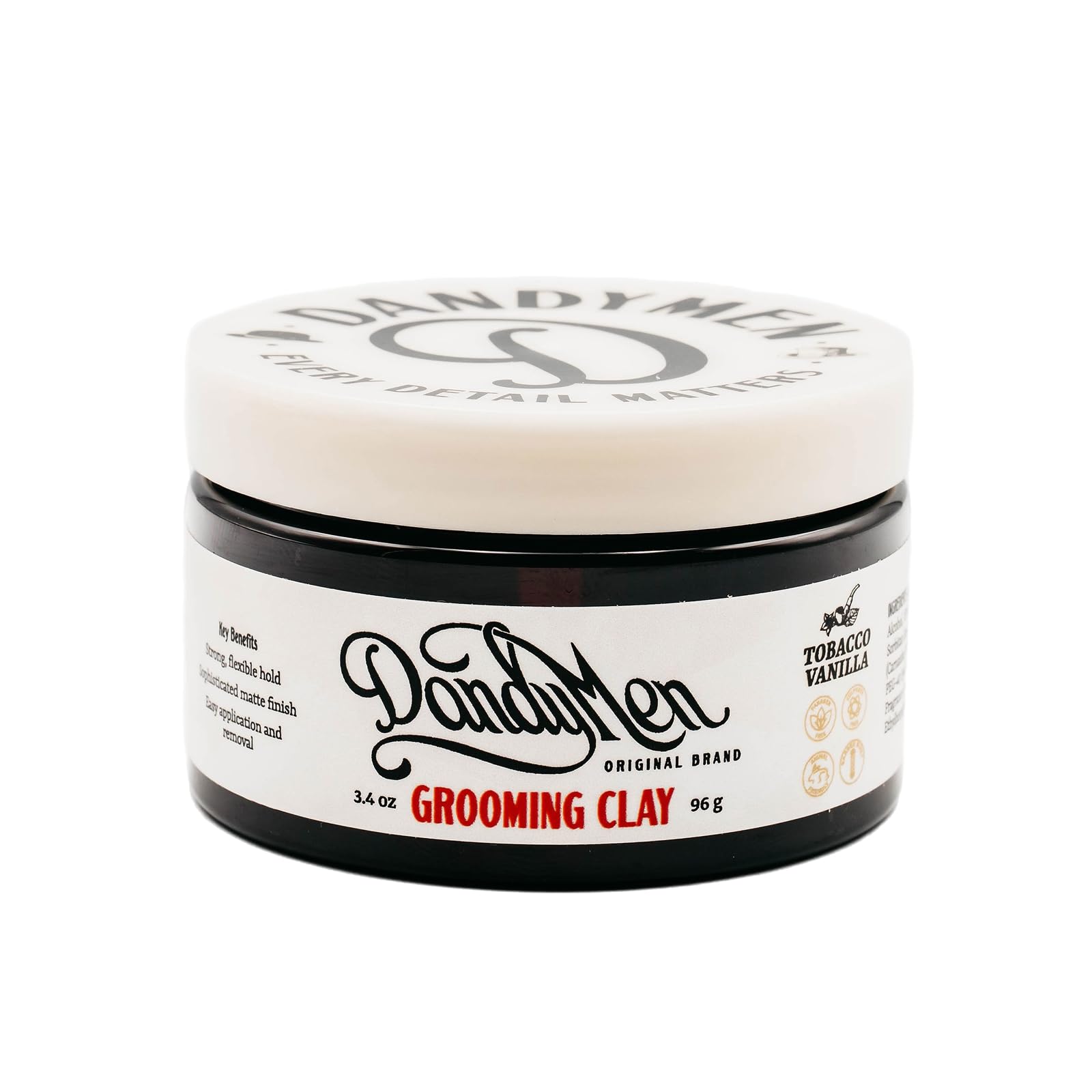 DandyMen Grooming Clay packaging shown, compact jar ideal for on-the-go styling.
