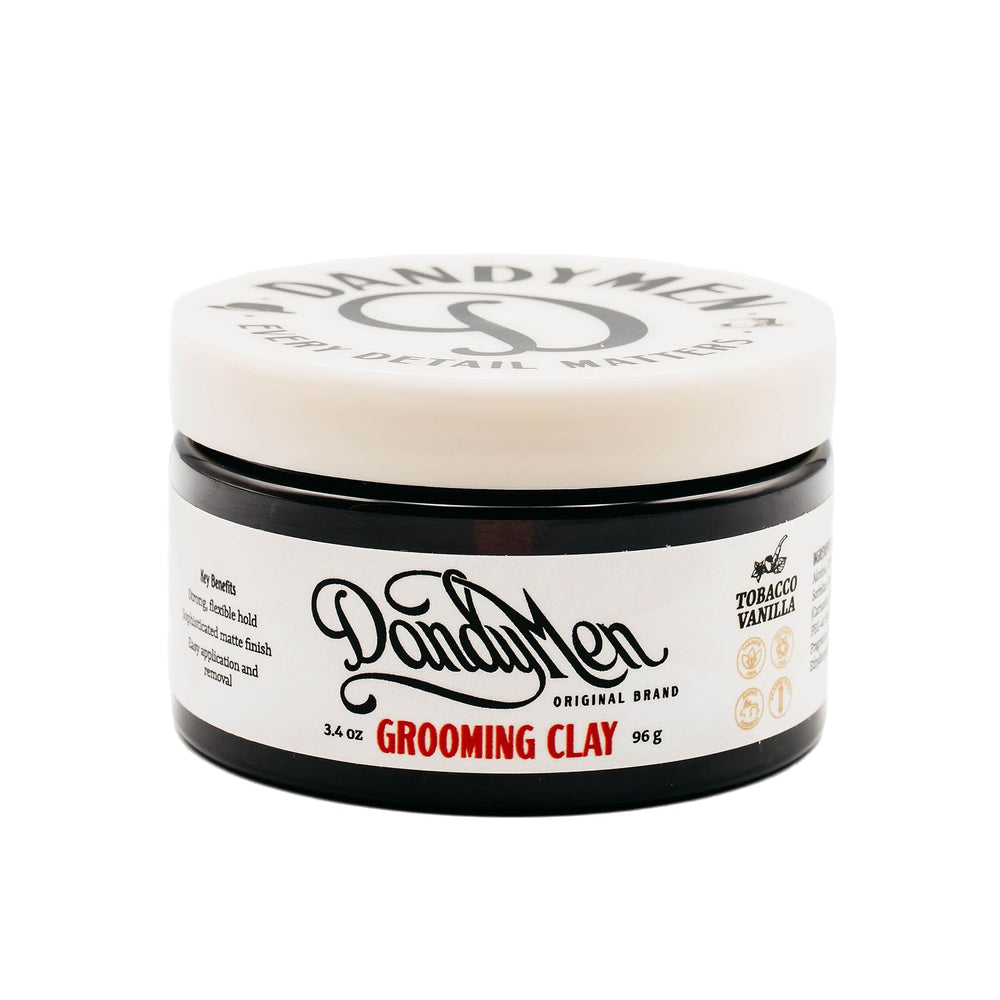 DandyMen Grooming Clay packaging shown, compact jar ideal for on-the-go styling.