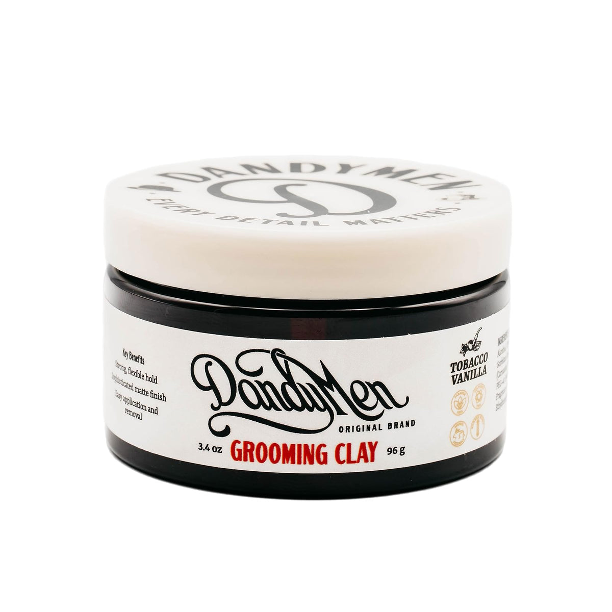 DandyMen Grooming Clay packaging shown, compact jar ideal for on-the-go styling.