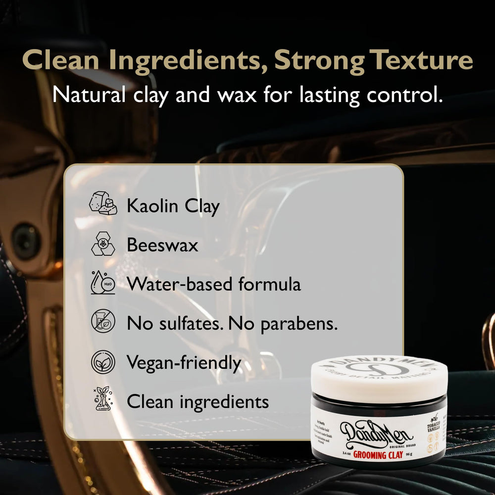 DandyMen Grooming Clay strong hold feature illustrates secure, lasting style.