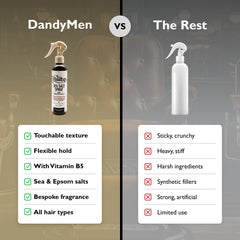 DandyMen Sea Salt Spray epsom salt focus boosts texture without stiffness.