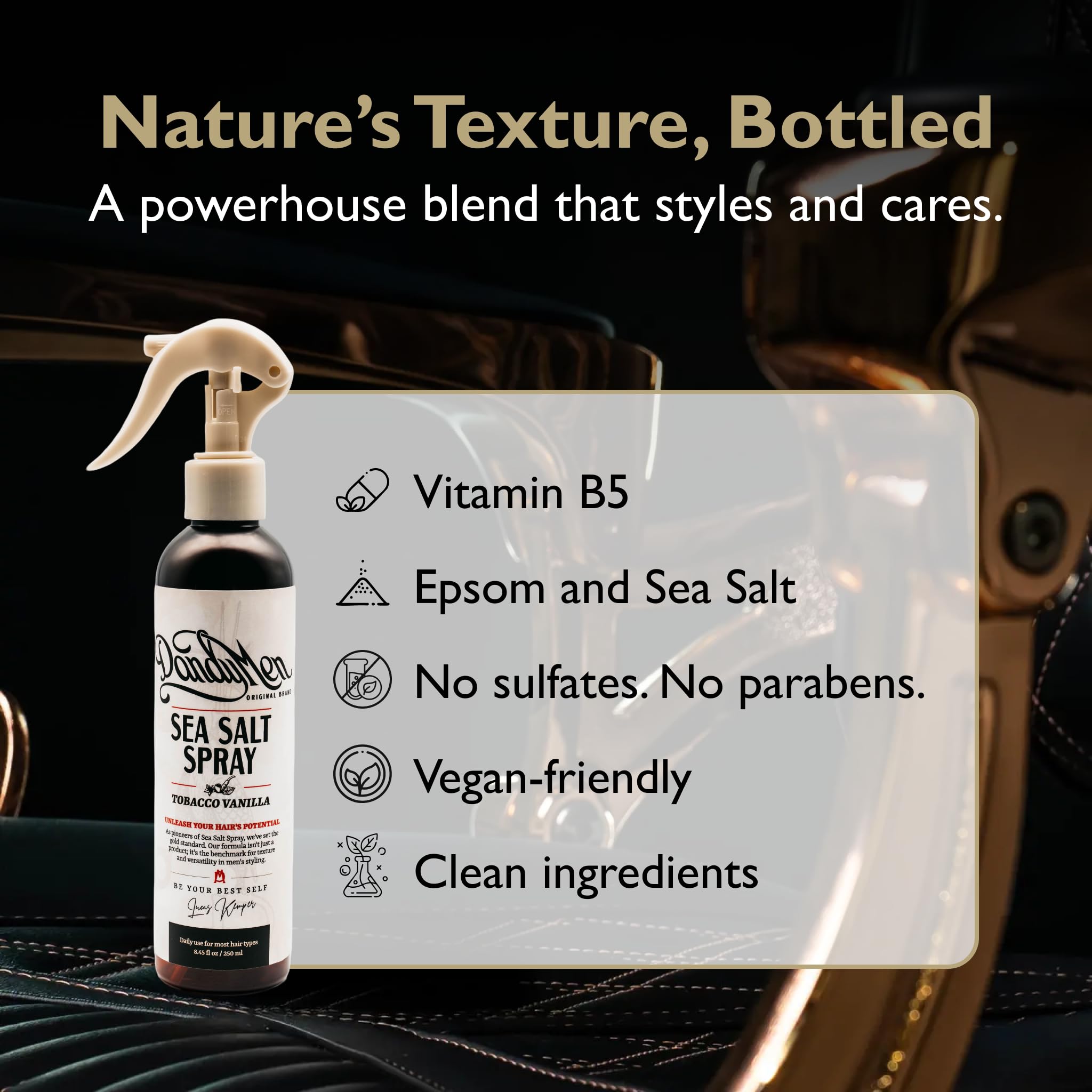 DandyMen Sea Salt Spray Tobacco Vanilla scent for everyday wear.