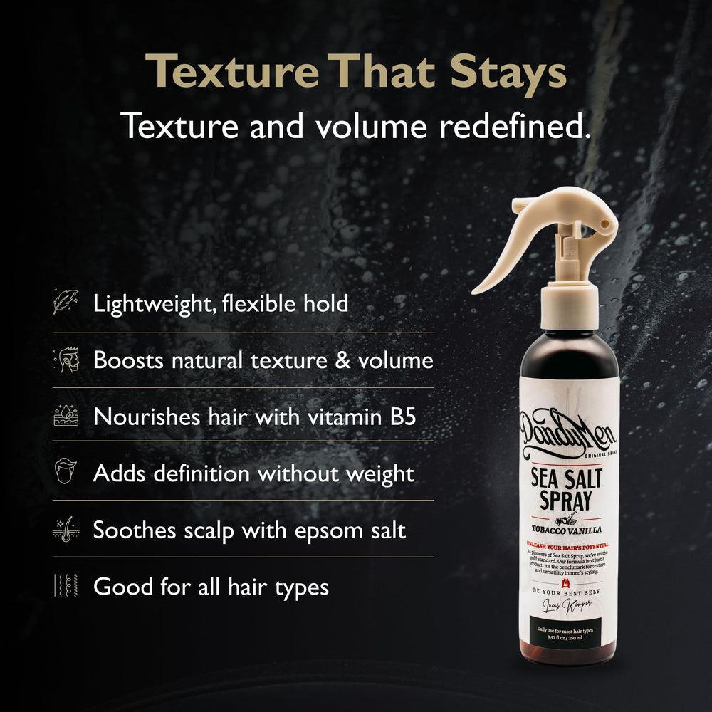 DandyMen Sea Salt Spray texture on hair shows natural volume and movement.