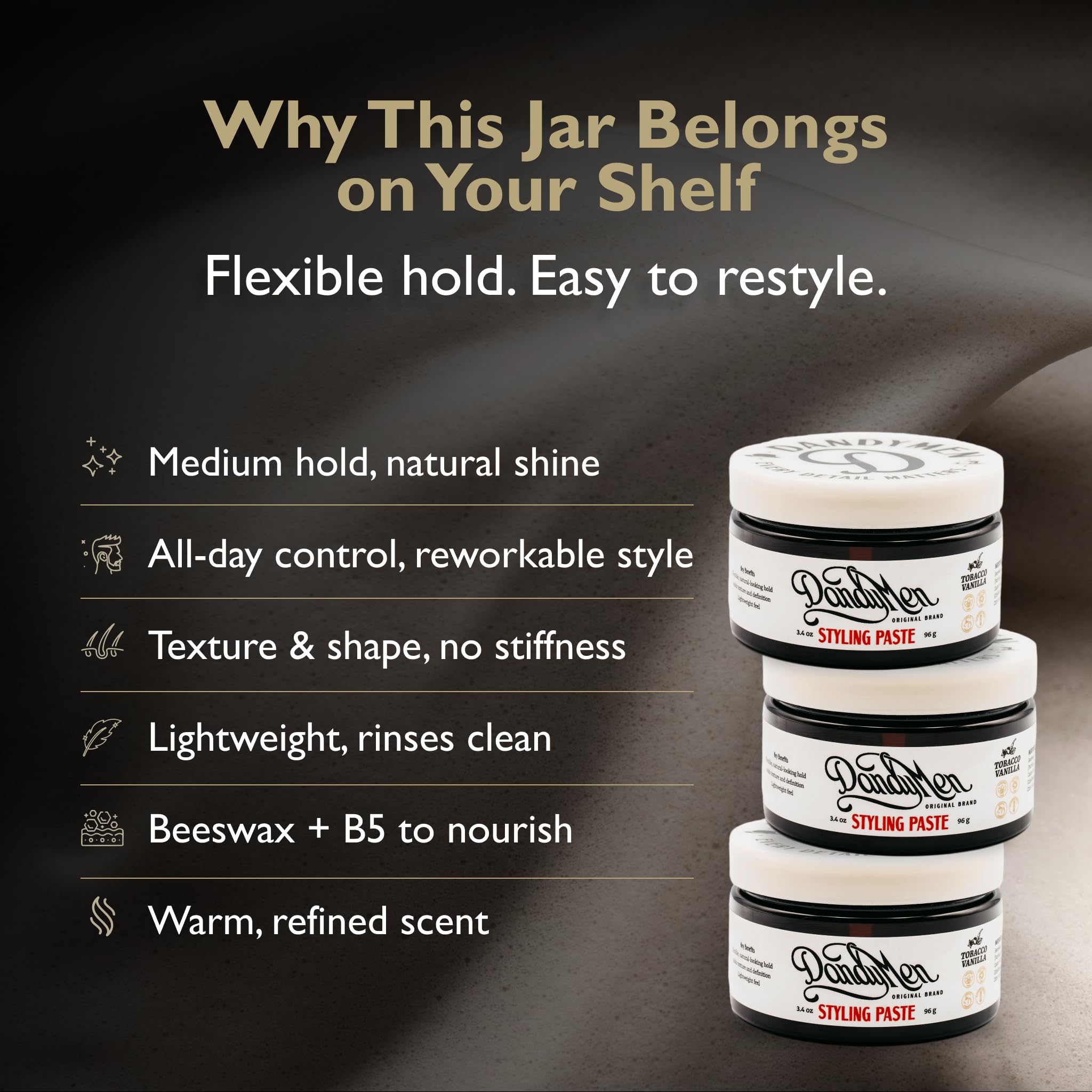 DandyMen styling paste beeswax pro-vitamin b5 nourish hair while you style.