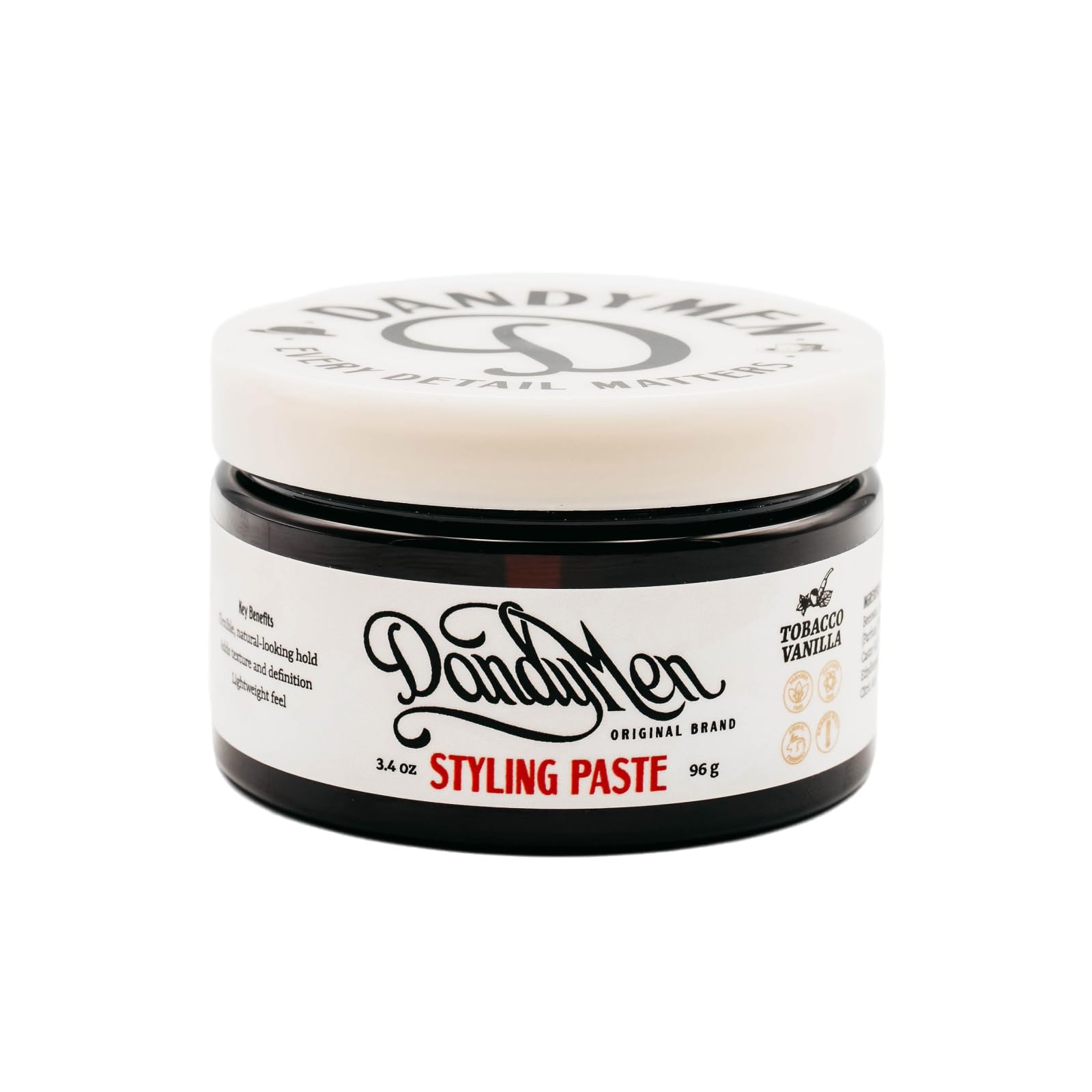 DandyMen styling paste bottle view shows versatile medium hold for all-day style.