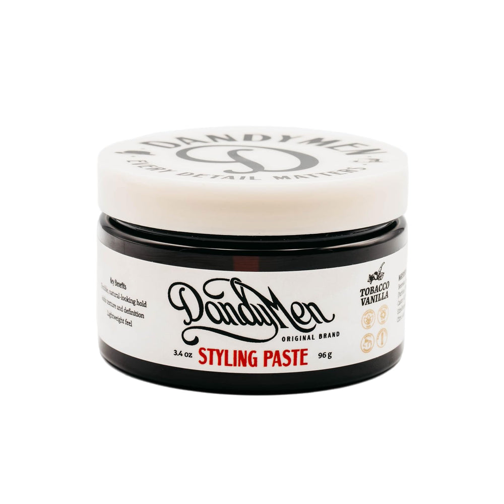 DandyMen styling paste bottle view shows versatile medium hold for all-day style.