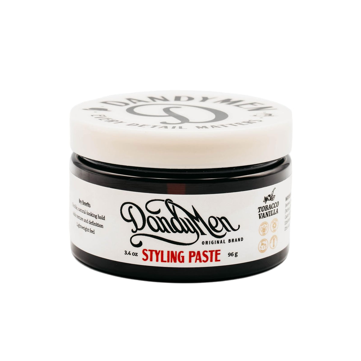 DandyMen styling paste bottle view shows versatile medium hold for all-day style.