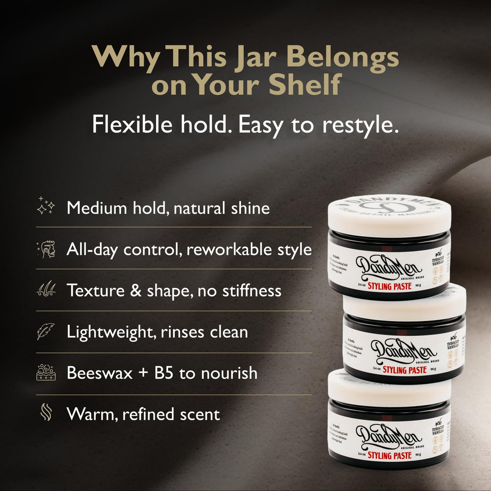 DandyMen styling paste natural shine finish highlights hair with a healthy, subtle glow.