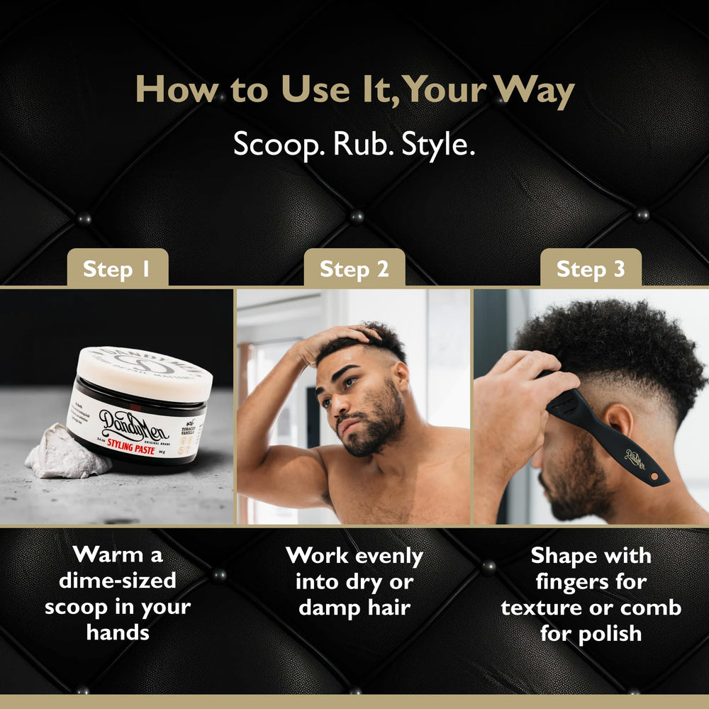 DandyMen styling paste tobacco vanilla pack shot highlights signature masculine scent.