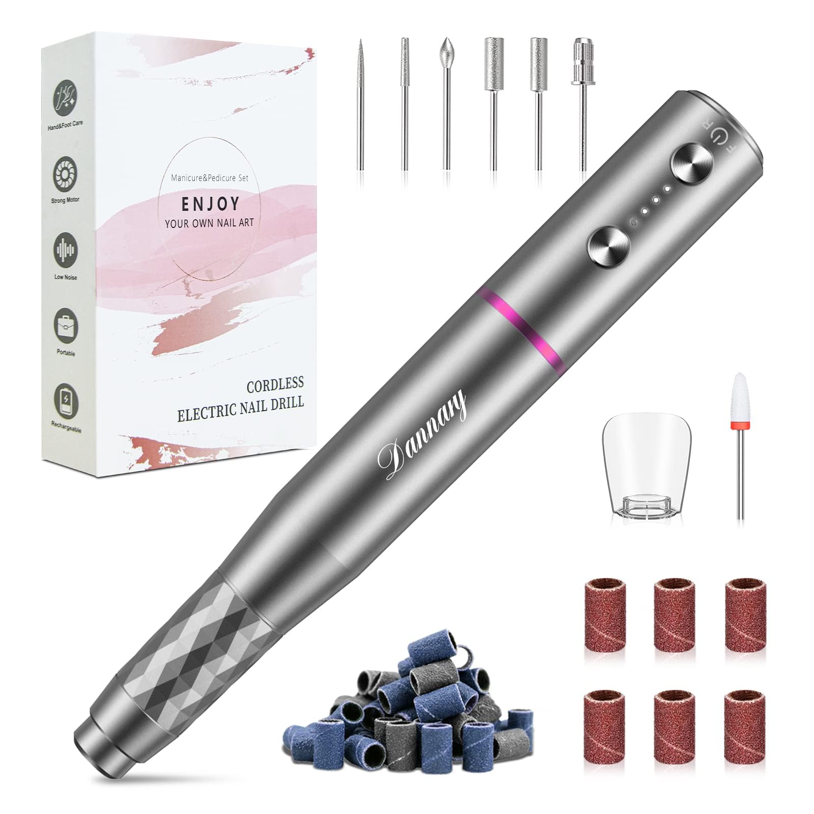 DANNARY electric nail drill machine side view showing compact cordless design for home use.