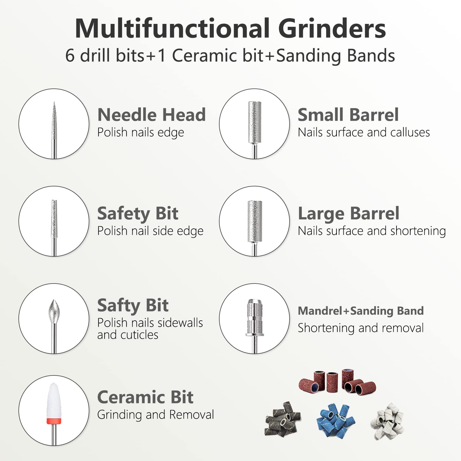 DANNARY nail drill bits kit top view highlighting six metal bits and one ceramic bit for versatile manicures.