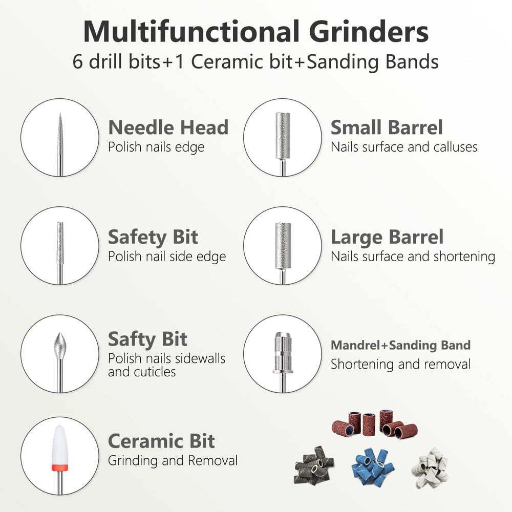DANNARY nail drill bits kit top view highlighting six metal bits and one ceramic bit for versatile manicures.