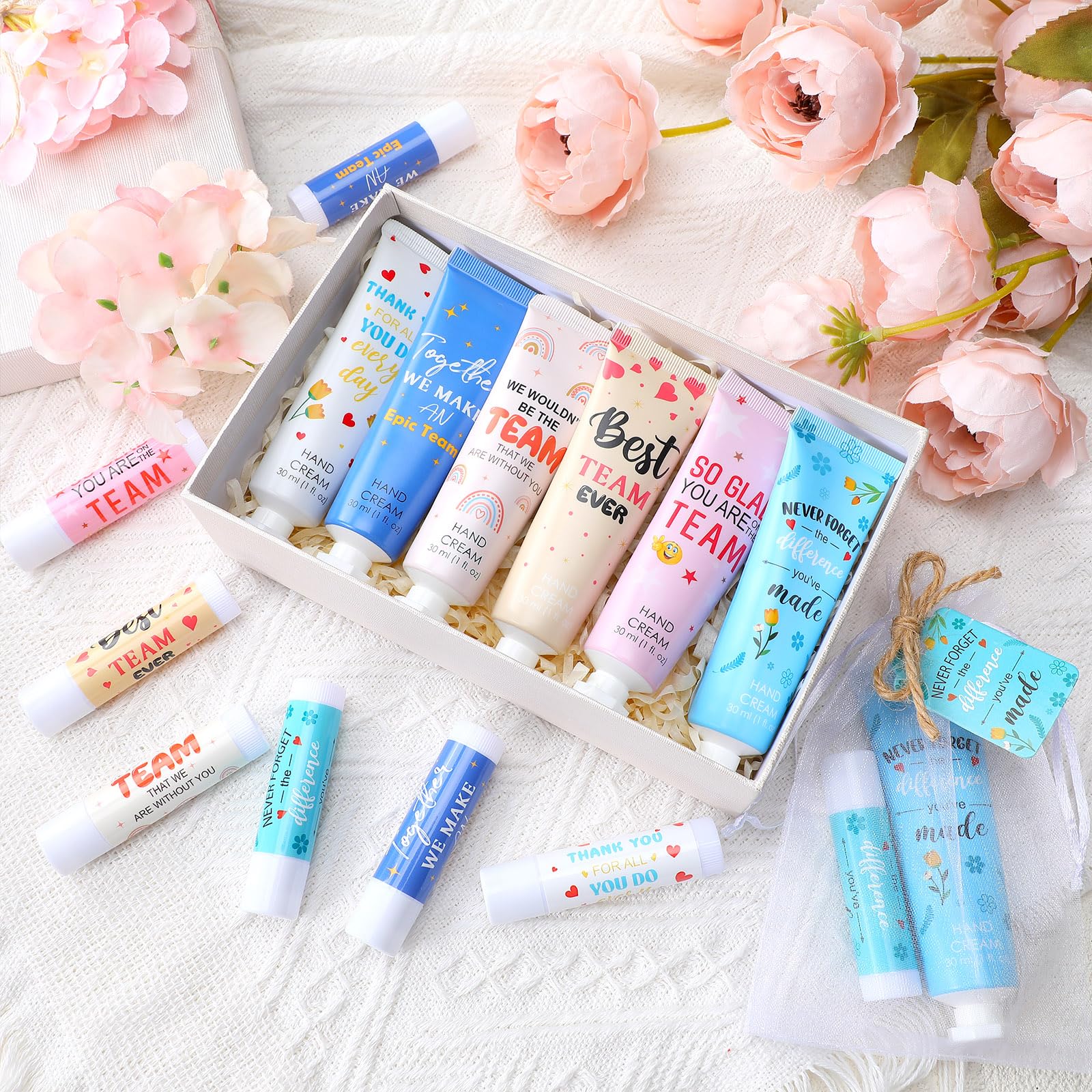 Dansib packaging highlights 12 hand creams and 12 lip balms, great for sharing.