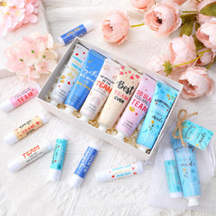 Dansib packaging highlights 12 hand creams and 12 lip balms, great for sharing.