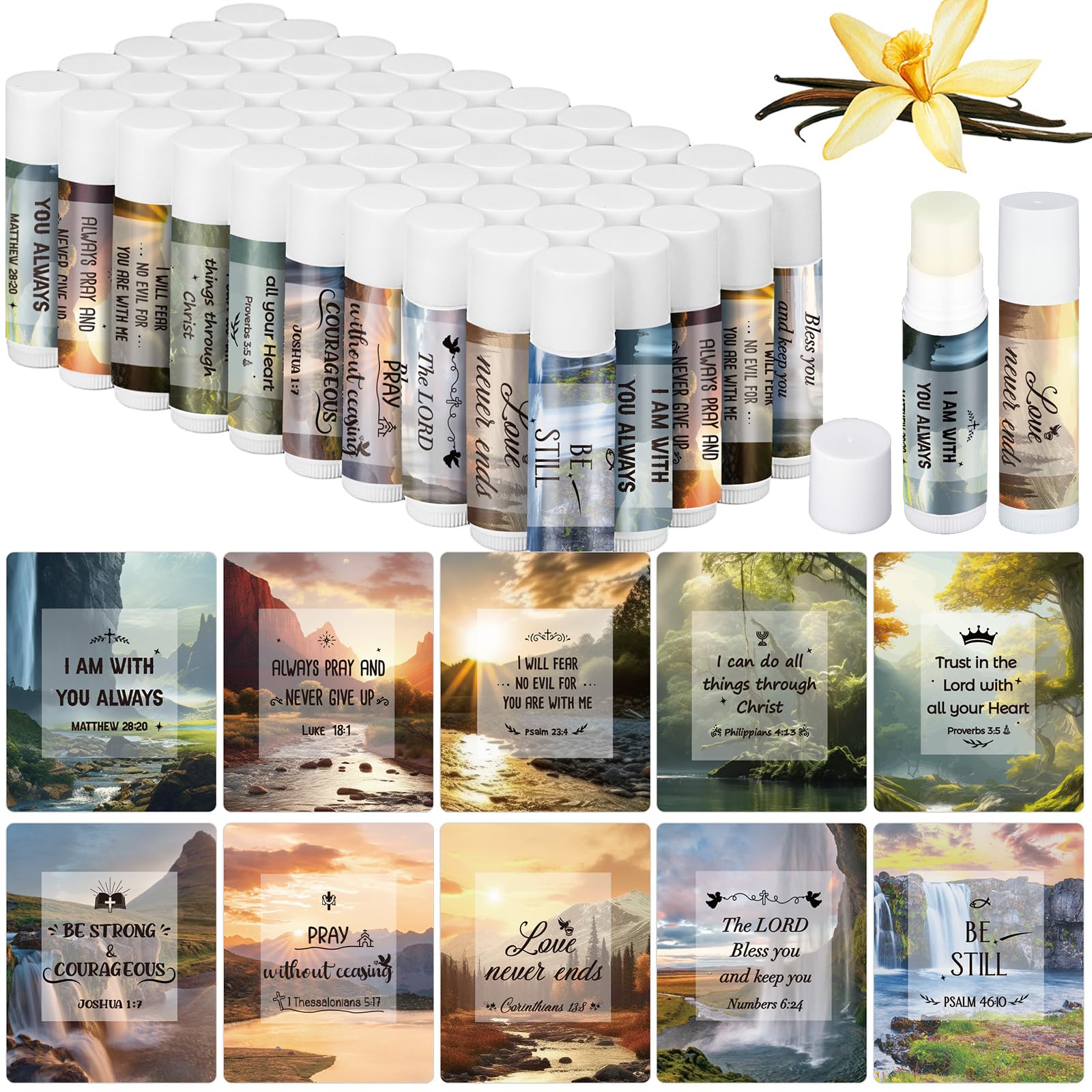 Dansib vanilla lip balm bulk pack, 0.15 oz tubes for party favors.