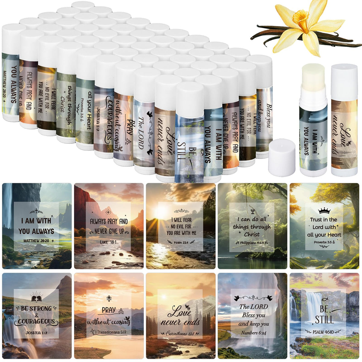 Dansib vanilla lip balm bulk pack, 0.15 oz tubes for party favors.