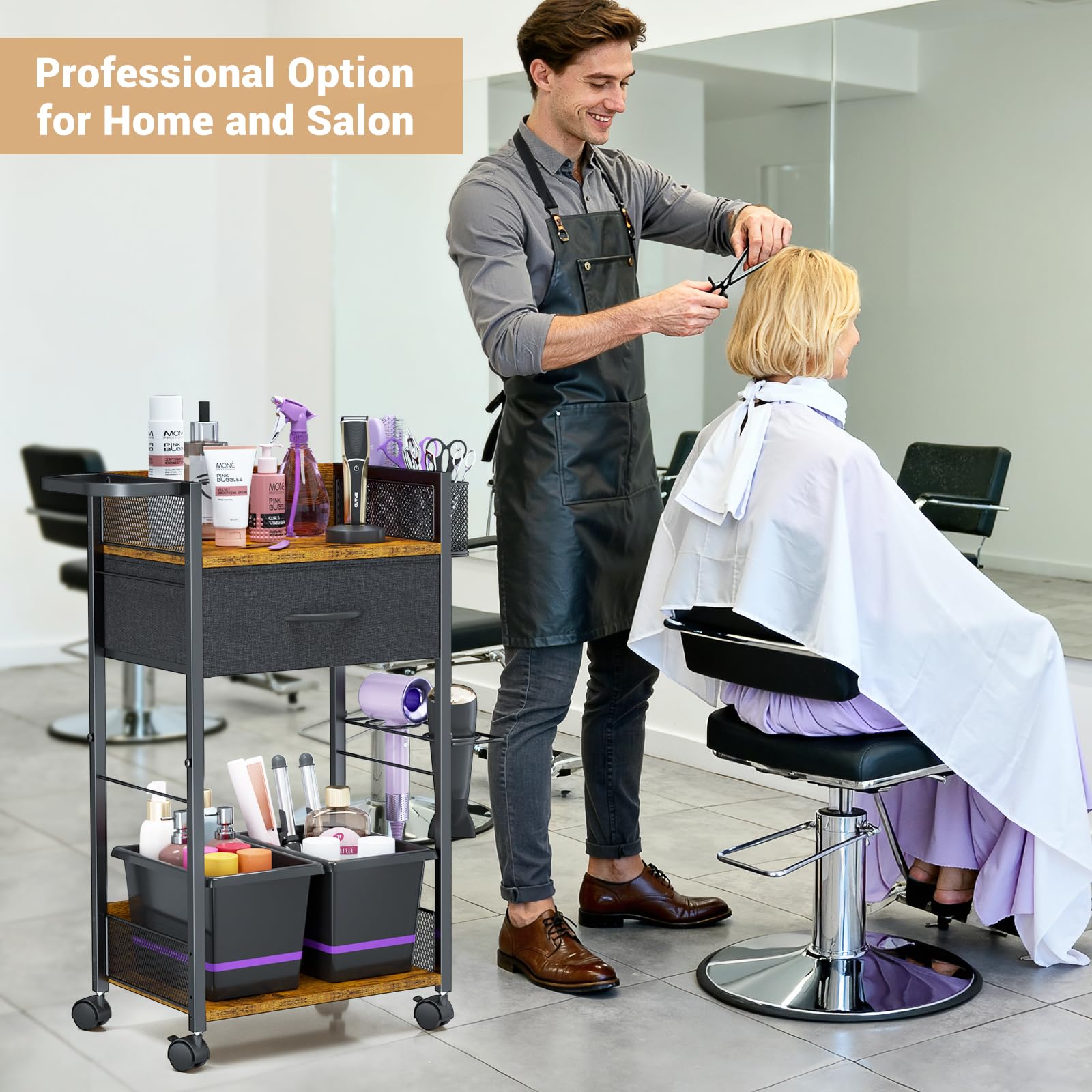 DAOUTIME salon trolley basket closeup emphasizing organized storage for brushes and cups in busy barber shops
