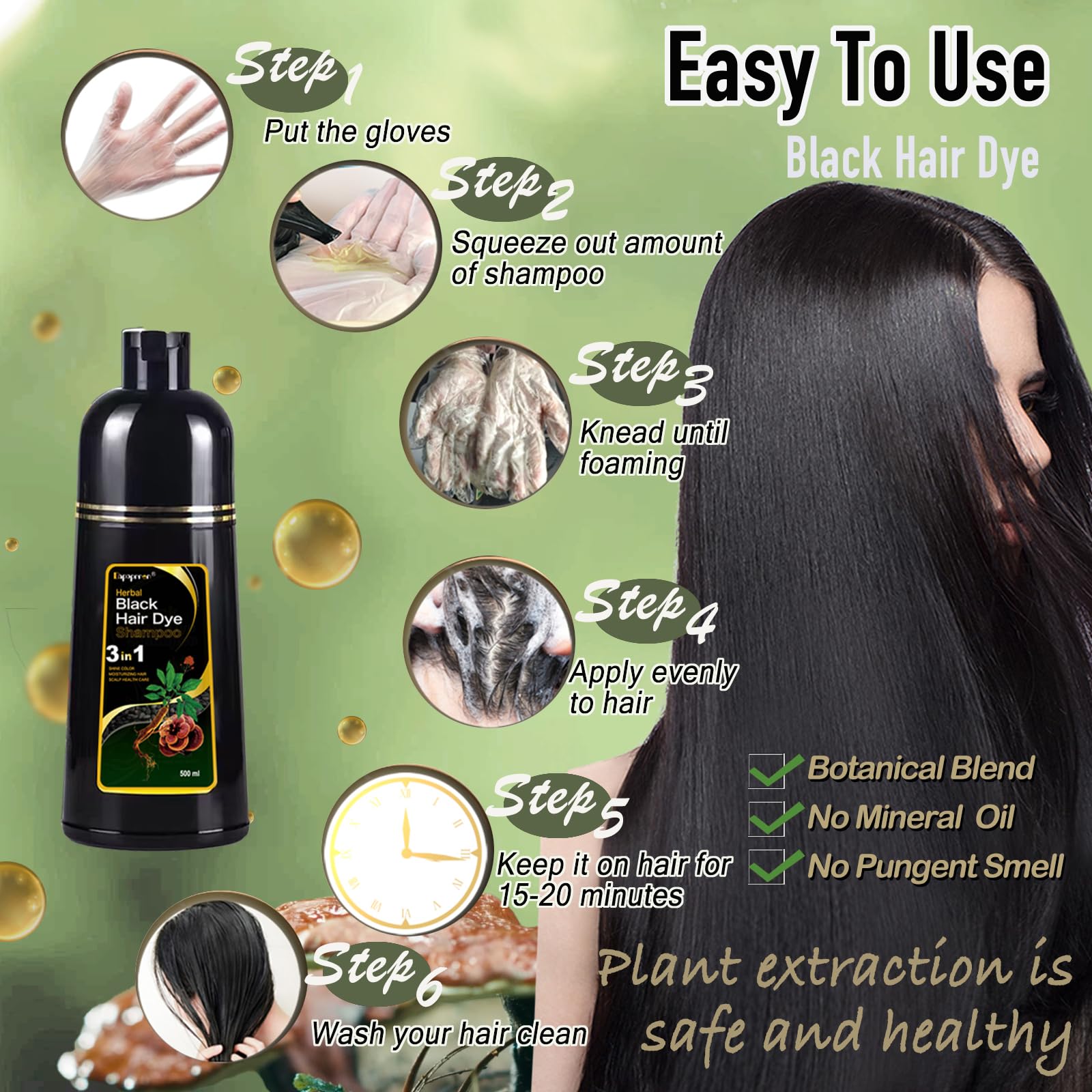 Dapoprren Black Hair Dye Shampoo applying on wet hair for quick color