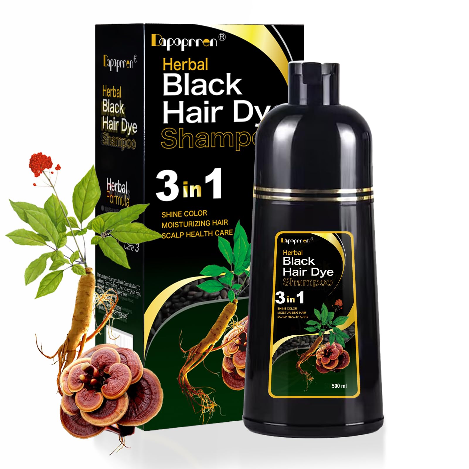 Dapoprren Black Hair Dye Shampoo bottle front for gray coverage