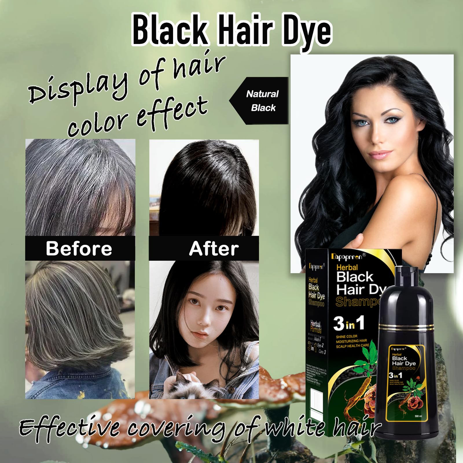Dapoprren Black Hair Dye Shampoo color result with natural dark shade