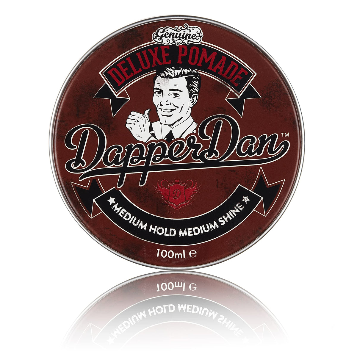 Dapper Dan Deluxe Pomade jar close-up for a crisp professional slick look.