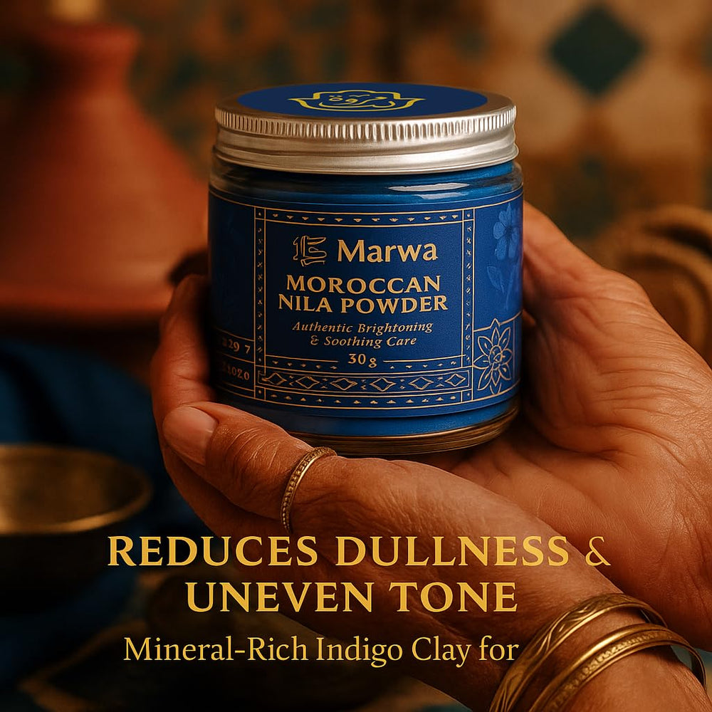 Dar Marwa Indigo clay powder texture shown for gentle skin detox