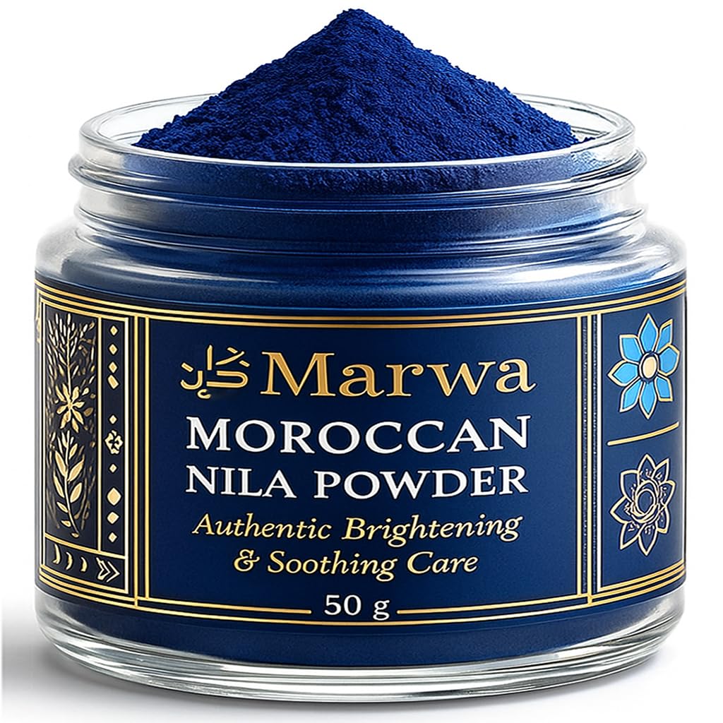 Dar Marwa Nila Powder jar closeup highlighting pure Saharan indigo for radiant skin