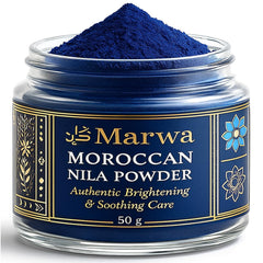 Dar Marwa Nila Powder jar closeup highlighting pure Saharan indigo for radiant skin