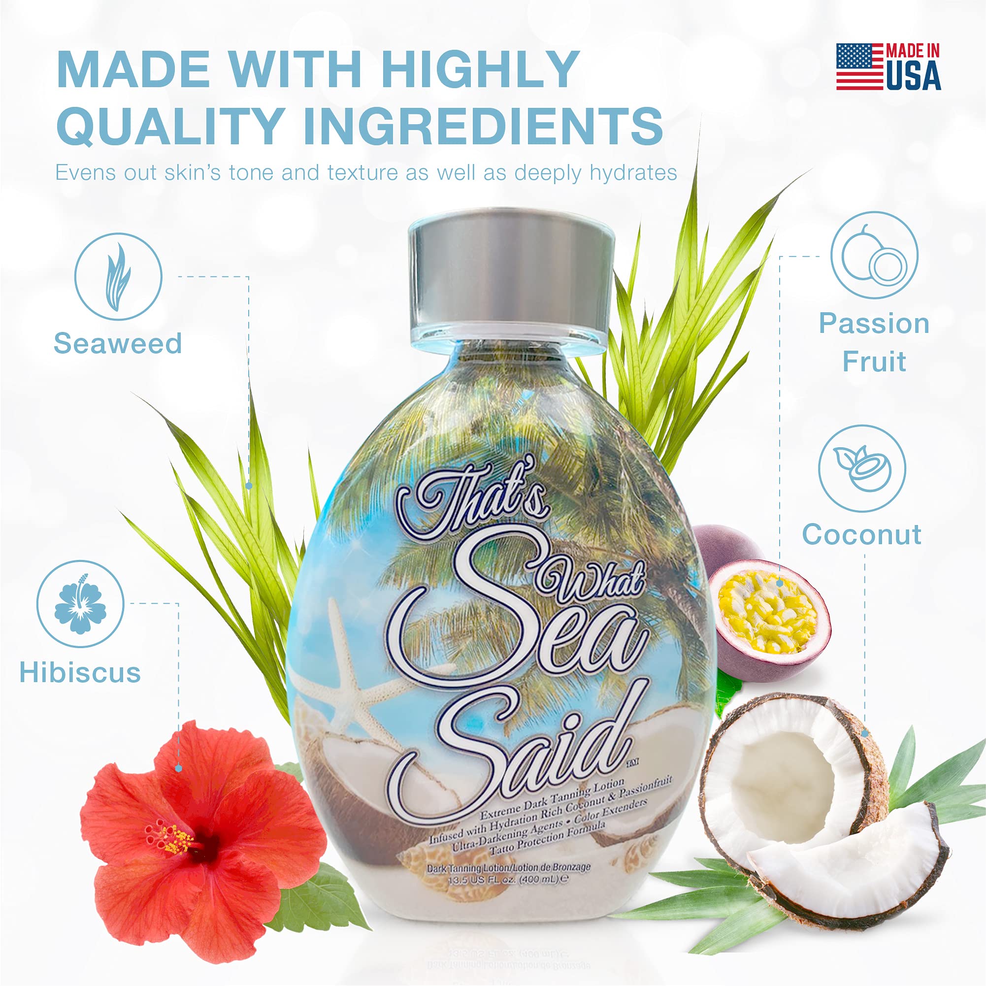 Dark Tans Exclusive That’s What Sea Said bottle with coconut oil and botanicals promotes hydrated skin.