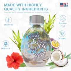 Dark Tans Exclusive That’s What Sea Said bottle with coconut oil and botanicals promotes hydrated skin.