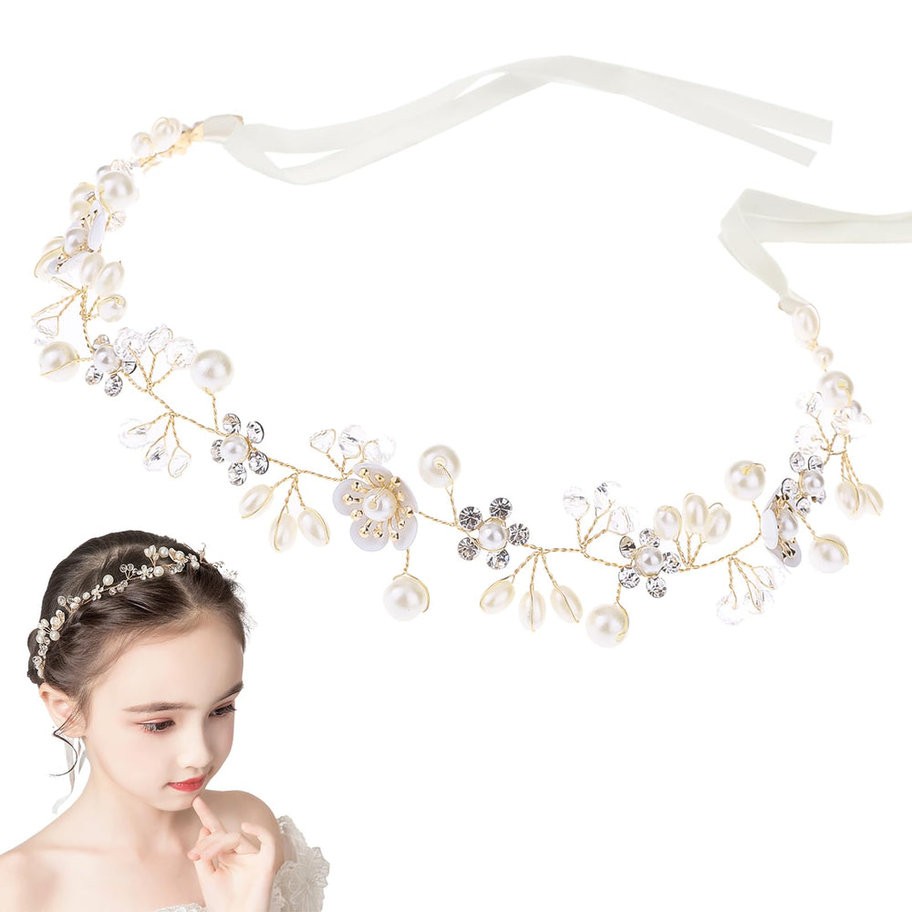 Darlingao girls pearl wedding headpiece closeup highlights elegant pearls for a princess-inspired look.