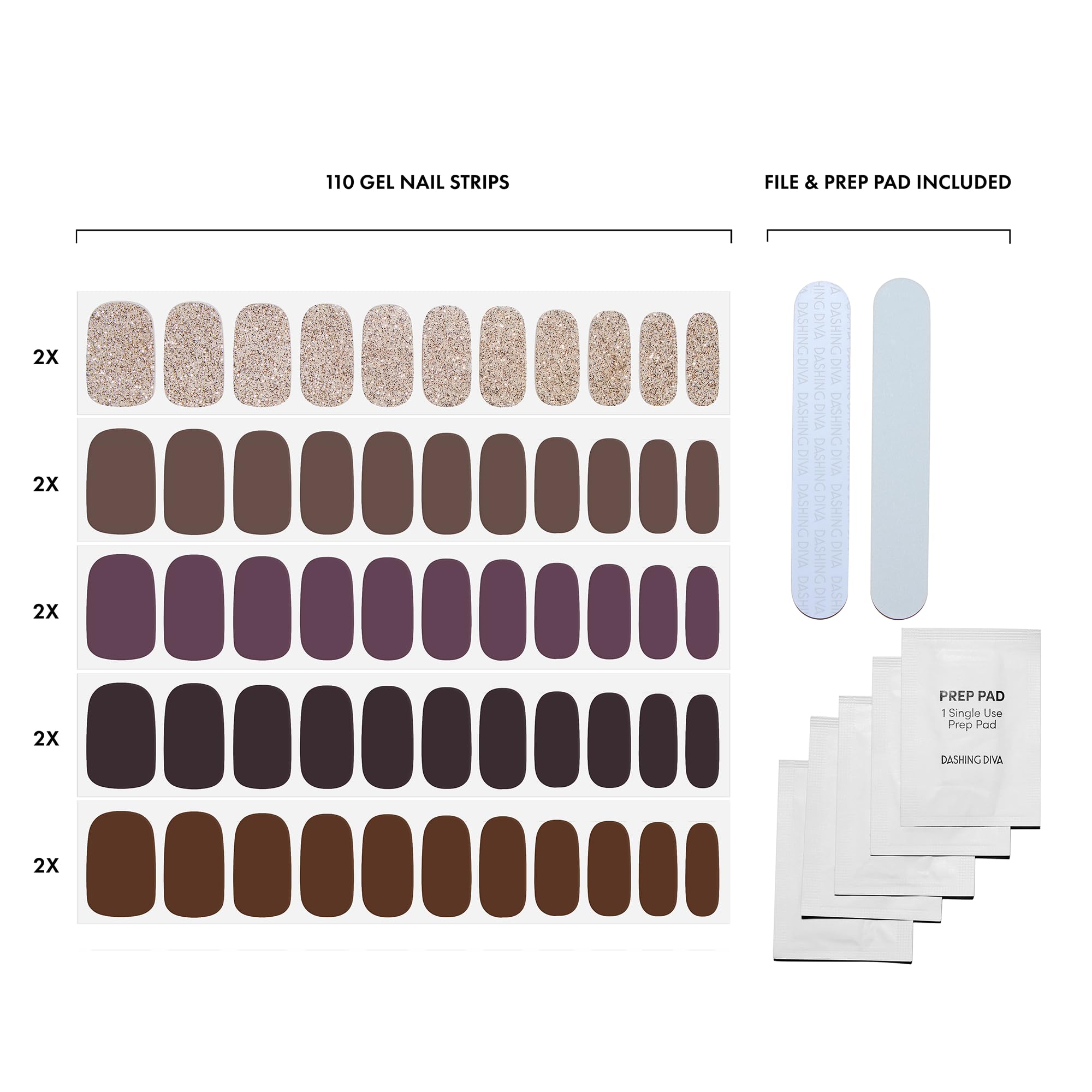 Dashing Diva Gloss 110 wraps display demonstrates variety and long-lasting color without dry time.