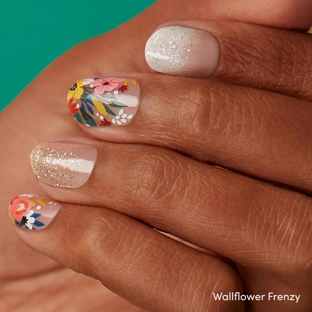Dashing Diva packaging for Bug Off strips; vibrant floral design for fast nail refresh.